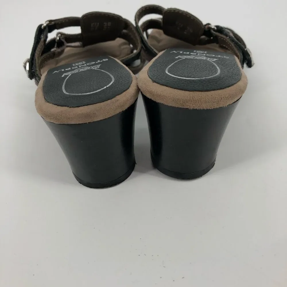 Stonefly Heeled Sandals‎ Womens 38 Black Cream Strappy Leather Slip On Open Back